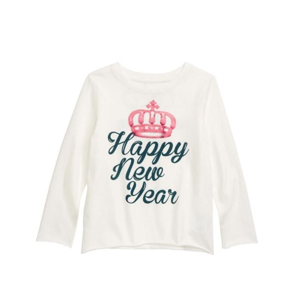 Peek Girls Happy New Year Crown Long Sleeve Tee in Off White Large (10) MSRP $36